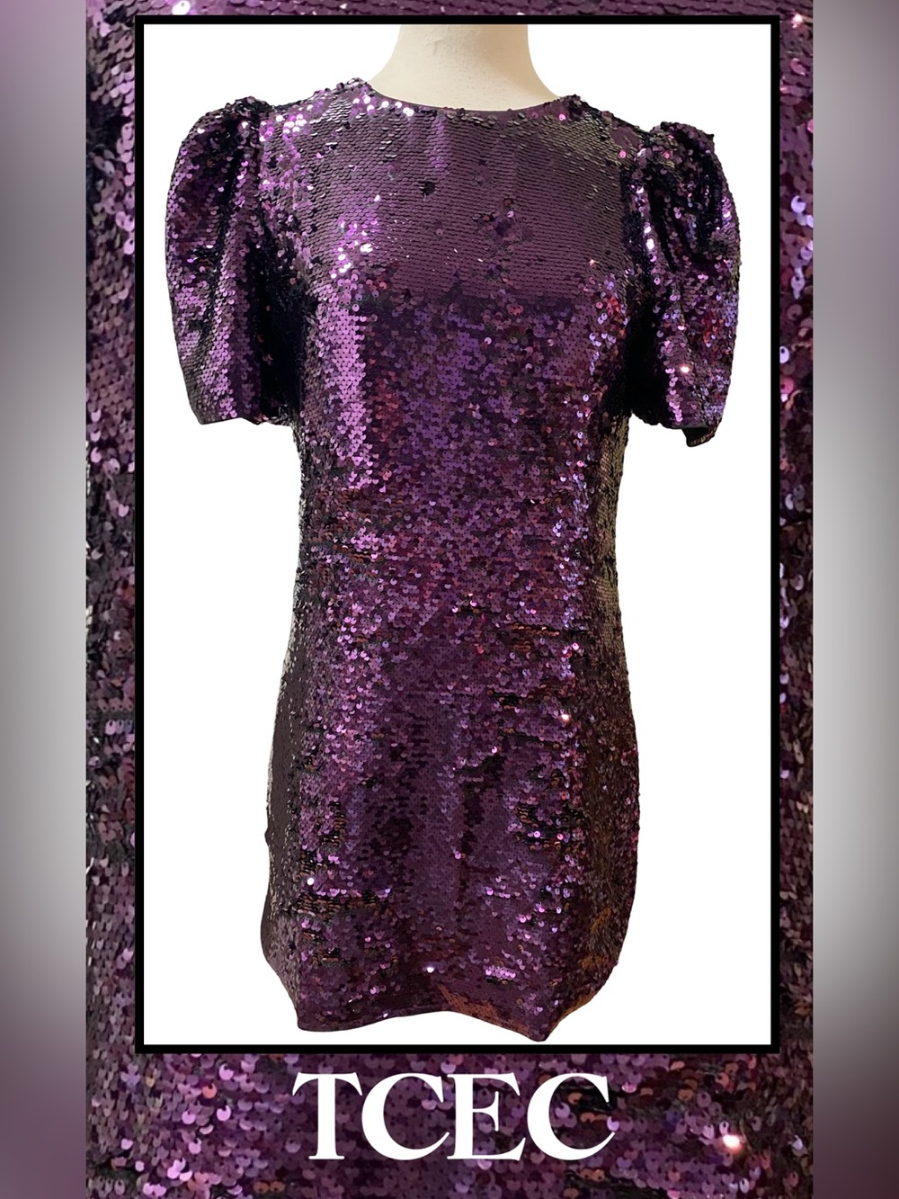 TCEC Purple Sequin Mini Dress w/ puff Sleeve Lined Size M/L